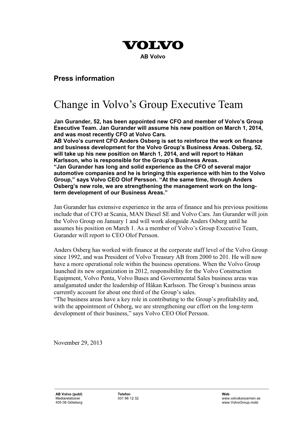 Change in Volvo's Group Executive Team