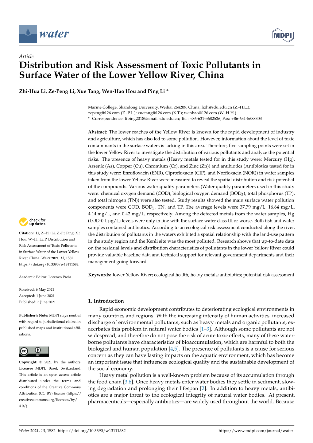 Distribution and Risk Assessment of Toxic Pollutants in Surface Water of the Lower Yellow River, China