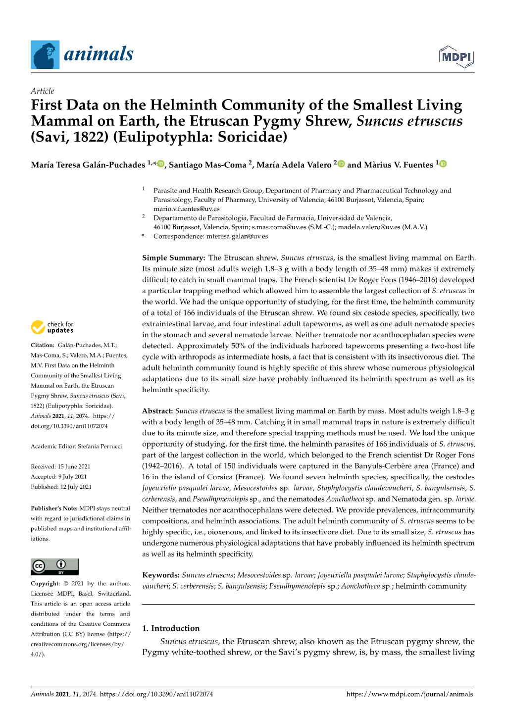 First Data on the Helminth Community of the Smallest Living Mammal on Earth, the Etruscan Pygmy Shrew, Suncus Etruscus (Savi, 1822) (Eulipotyphla: Soricidae)