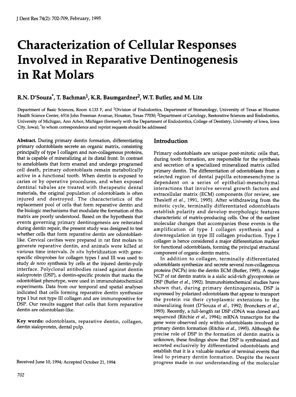 Characterization of Cellular Responses Involved in Reparative Dentinogenesis in Rat Molars