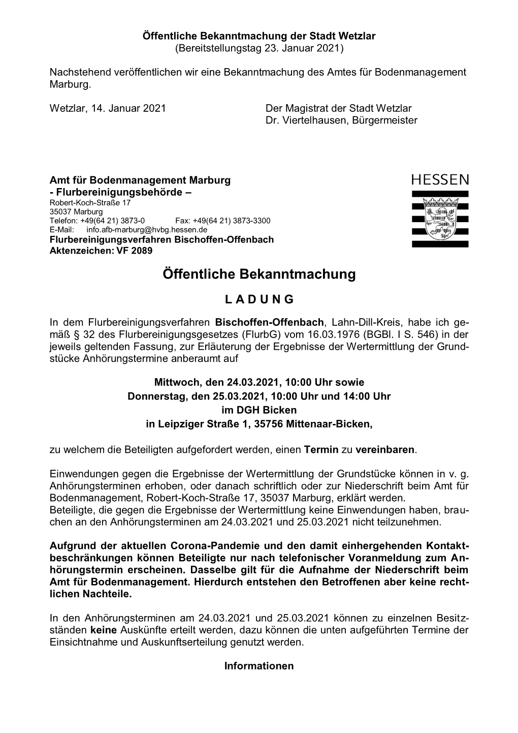 Öffentliche Bekanntmachung Der Stadt Wetzlar (Bereitstellungstag 23