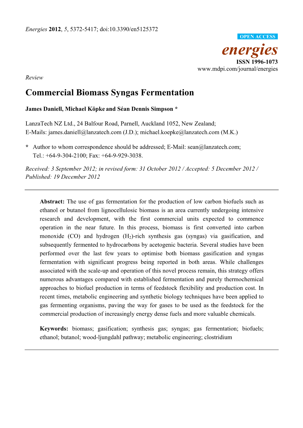 Commercial Biomass Syngas Fermentation