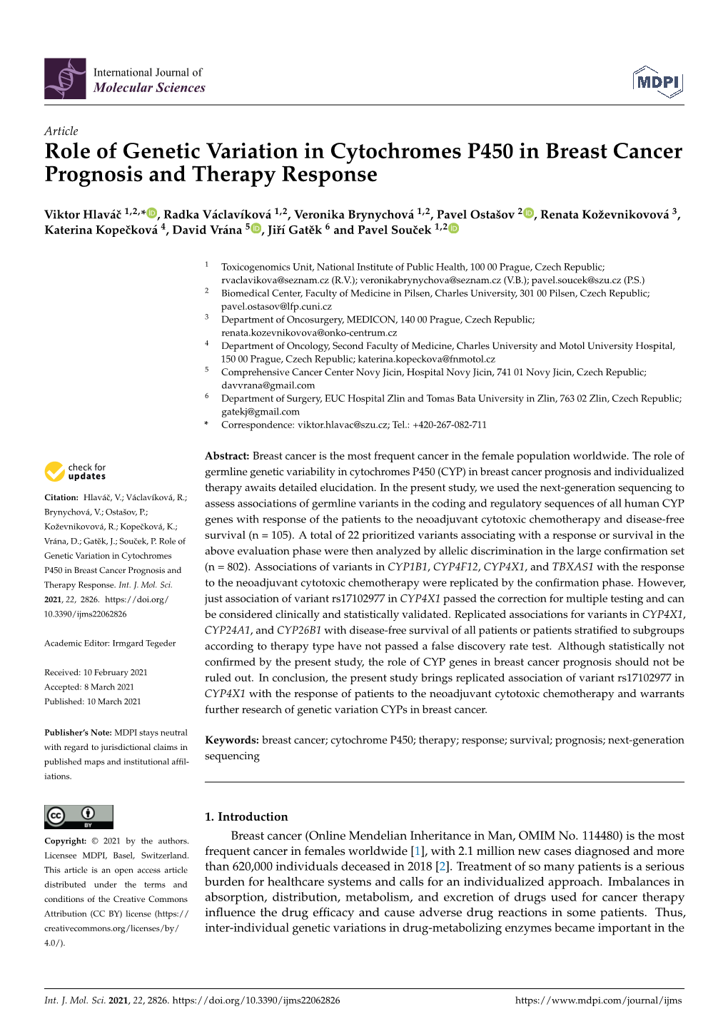 Role of Genetic Variation in Cytochromes P450 in Breast Cancer Prognosis and Therapy Response