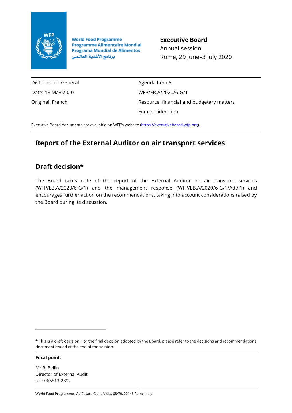 Report of the External Auditor on Air Transport Services