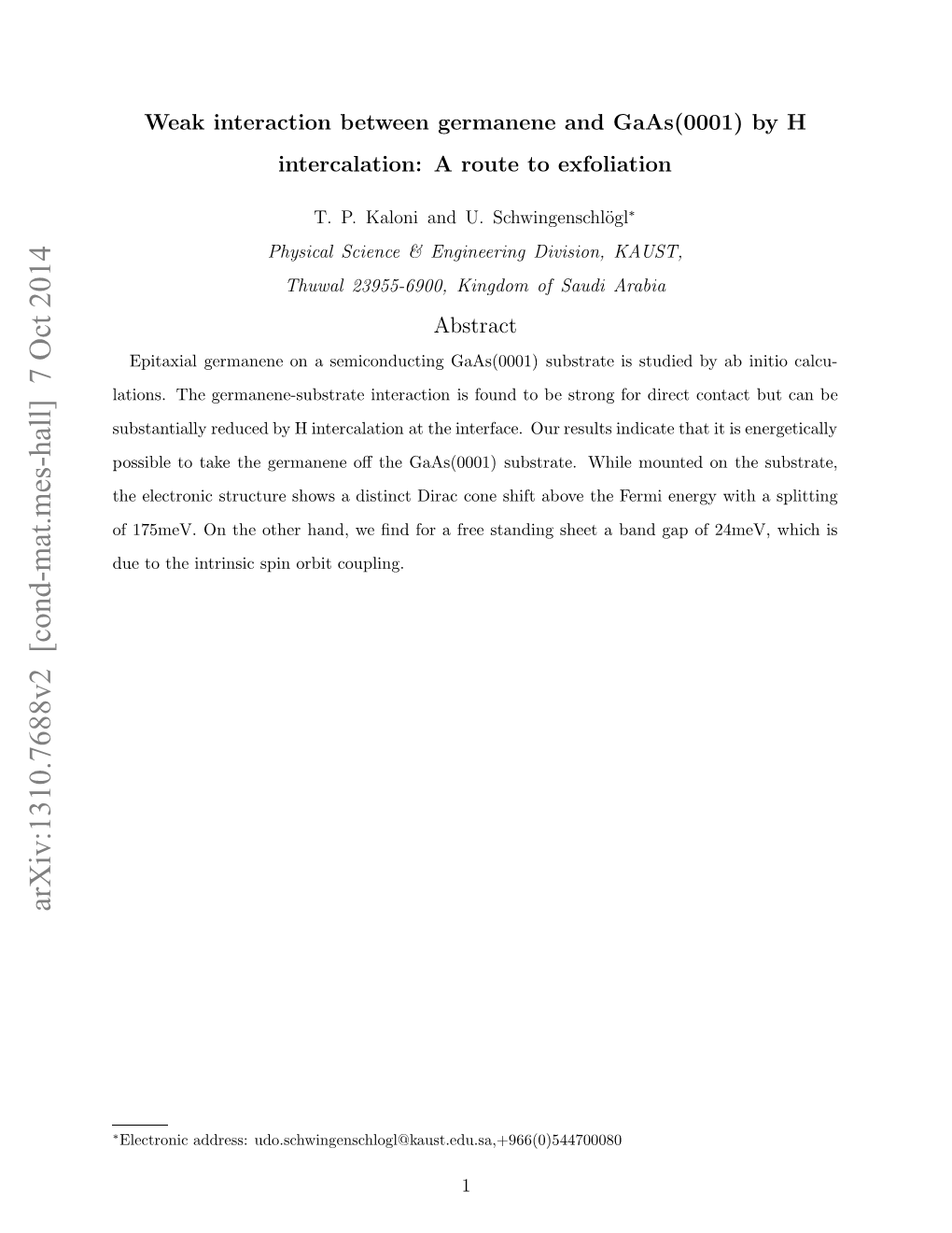 Weak Interaction Between Germanene and Gaas (0001) by H Intercalation: a Route to Exfoliation