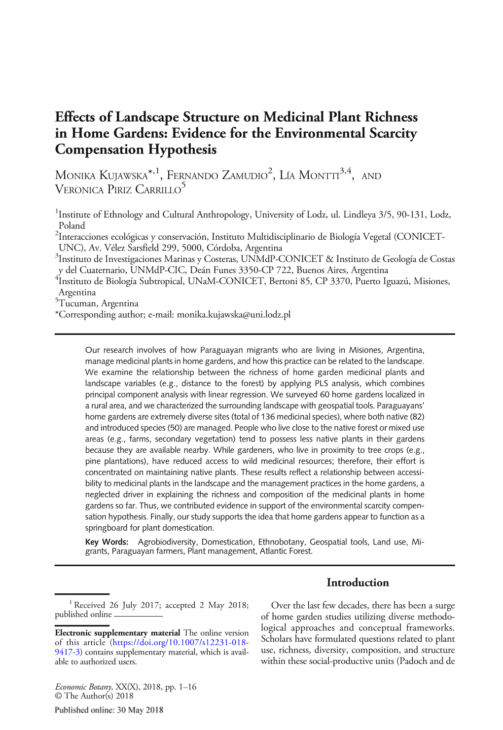 Effects of Landscape Structure on Medicinal Plant Richness in Home Gardens: Evidence for the Environmental Scarcity Compensation Hypothesis