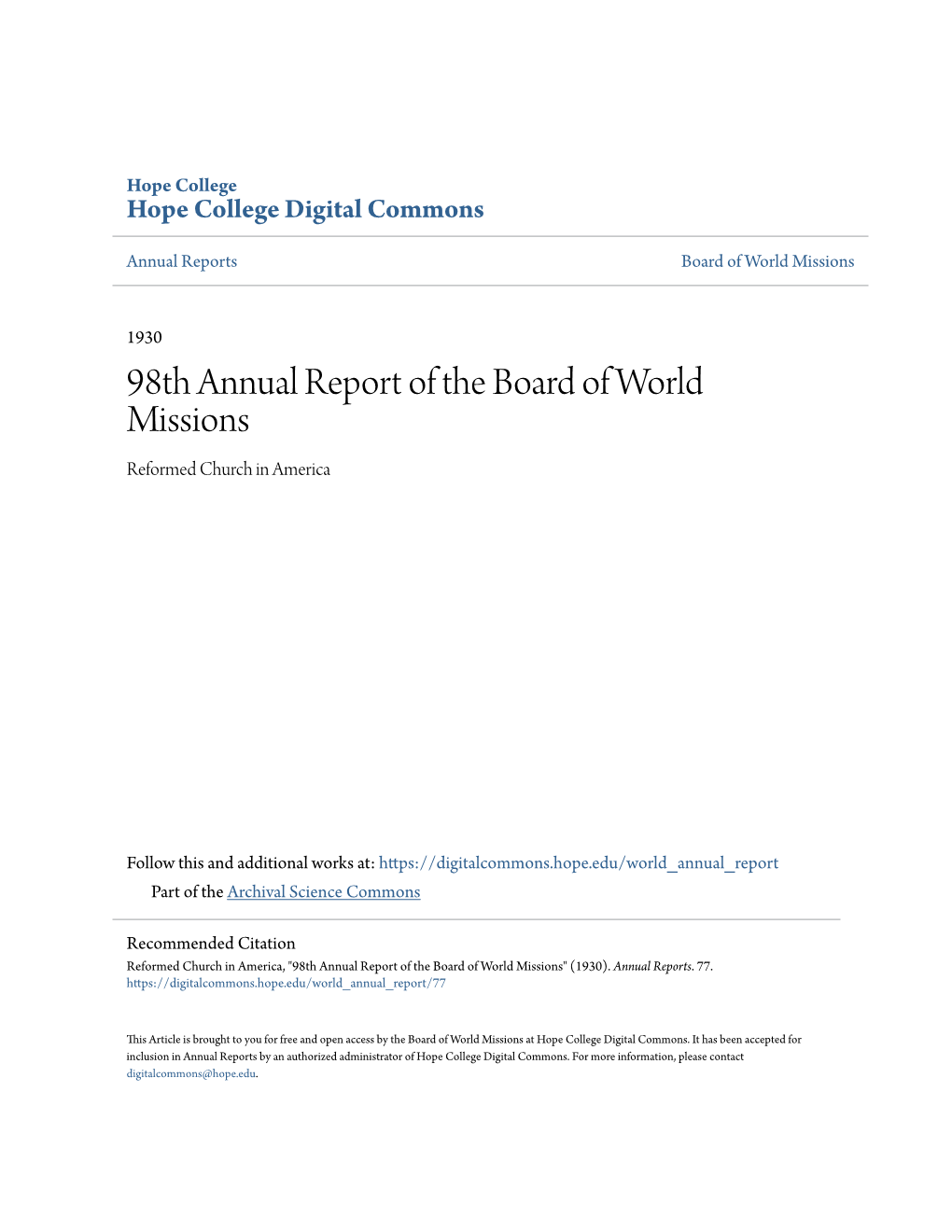 98Th Annual Report of the Board of World Missions Reformed Church in America