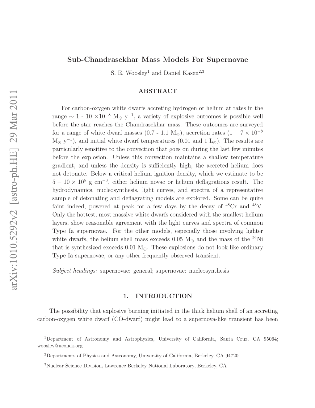 Sub-Chandrasekhar Mass Models for Type Ia Supernovae