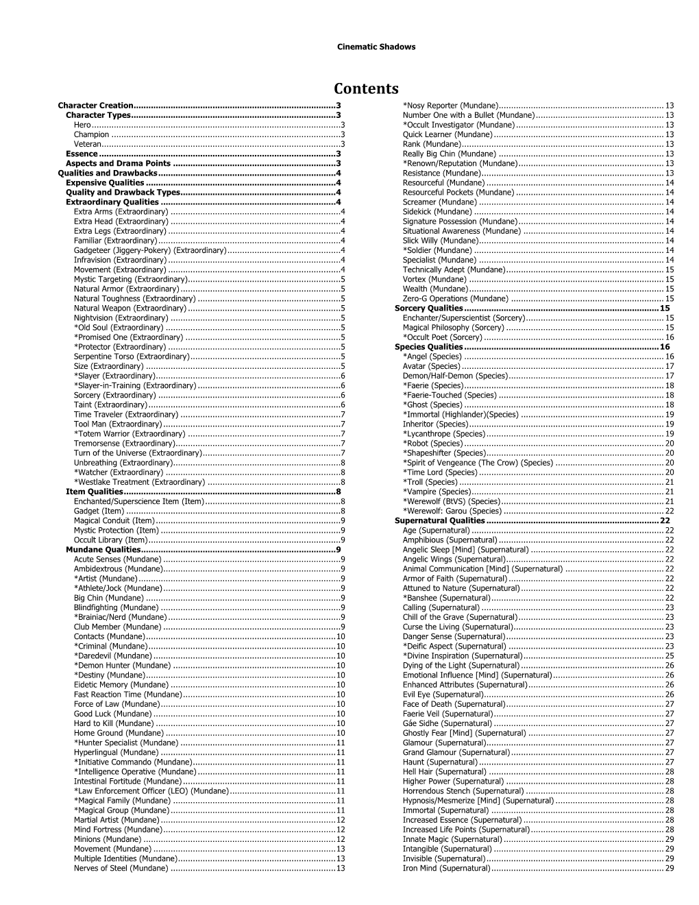 Contents Character Creation