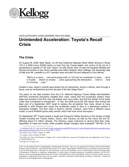 Unintended Acceleration: Toyota's Recall Crisis