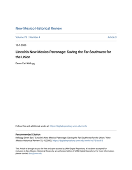 Lincoln's New Mexico Patronage: Saving the Far Southwest for the Union