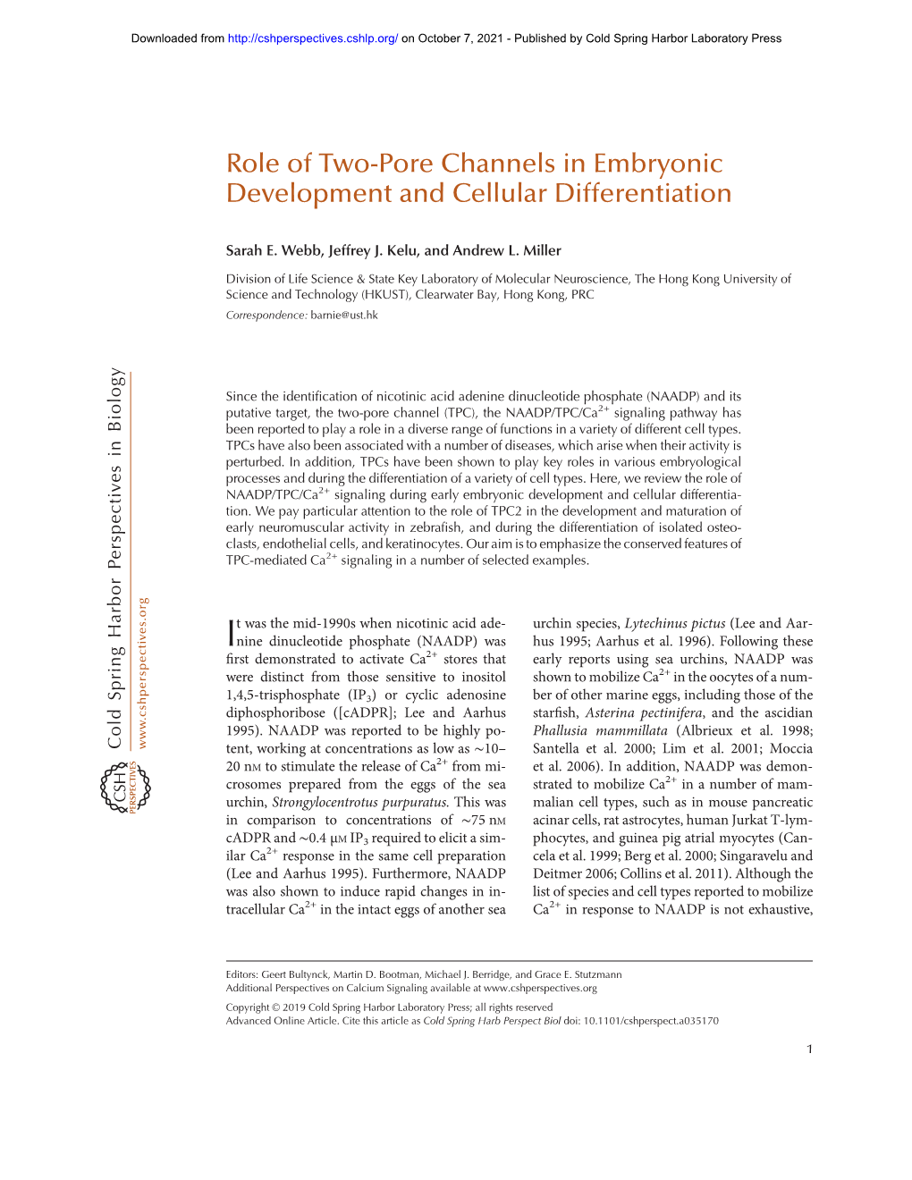 Role of Two-Pore Channels in Embryonic Development and Cellular Differentiation