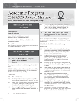 Academic Program 2014 ASOR Annual Meeting Please Note That Dates and Times Are Subject to Change