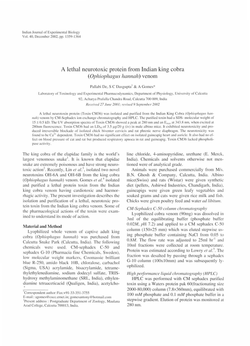 A Lethal Neurotoxic Protein from Indian King Cobra (Ophiophagus Hannah) Venom