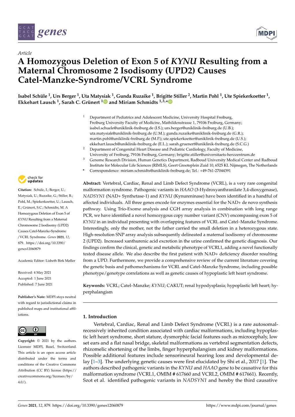 A Homozygous Deletion of Exon 5 of KYNU Resulting from a Maternal Chromosome 2 Isodisomy (UPD2) Causes Catel-Manzke-Syndrome/VCRL Syndrome