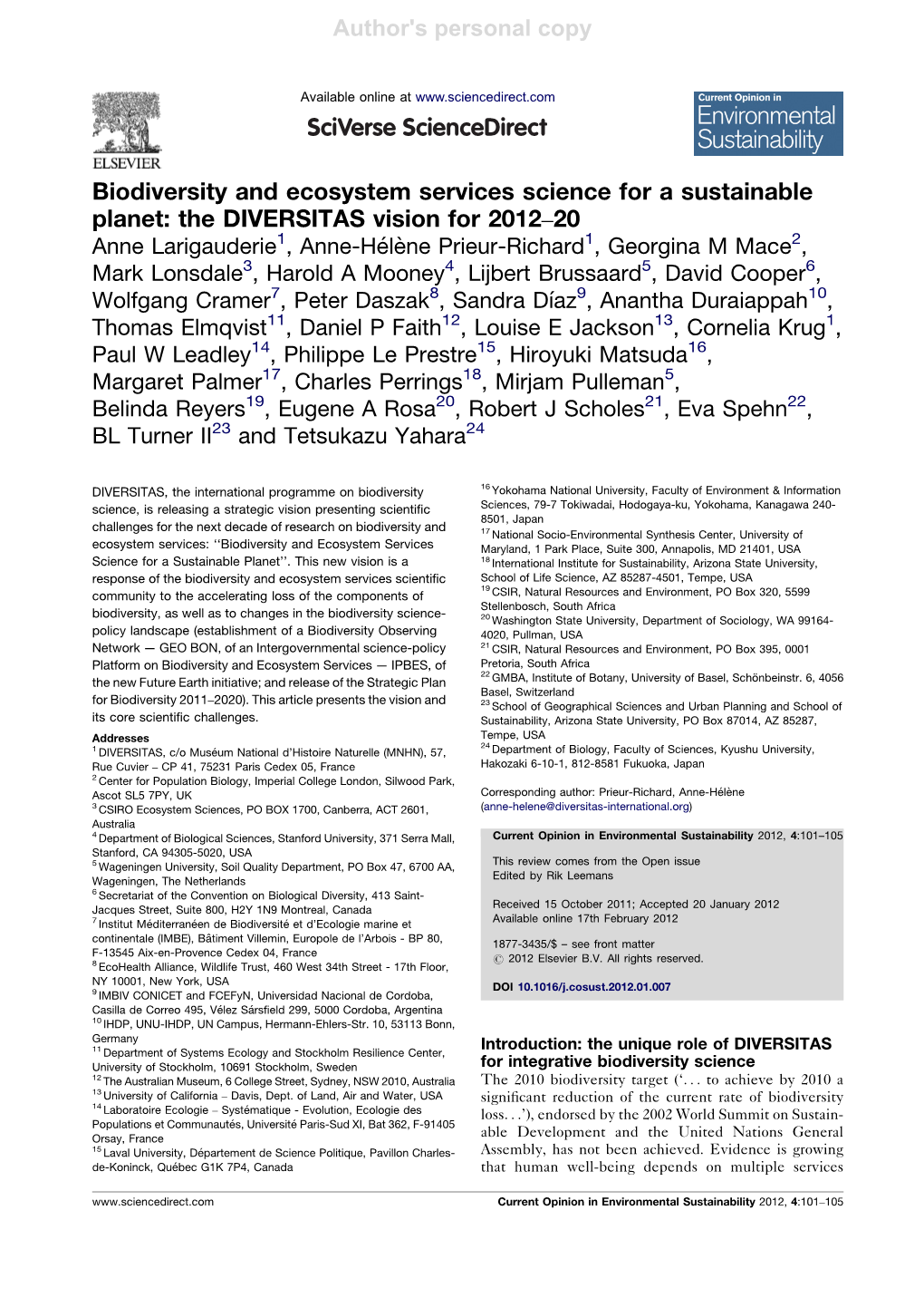 Biodiversity and Ecosystem Services Science for a Sustainable