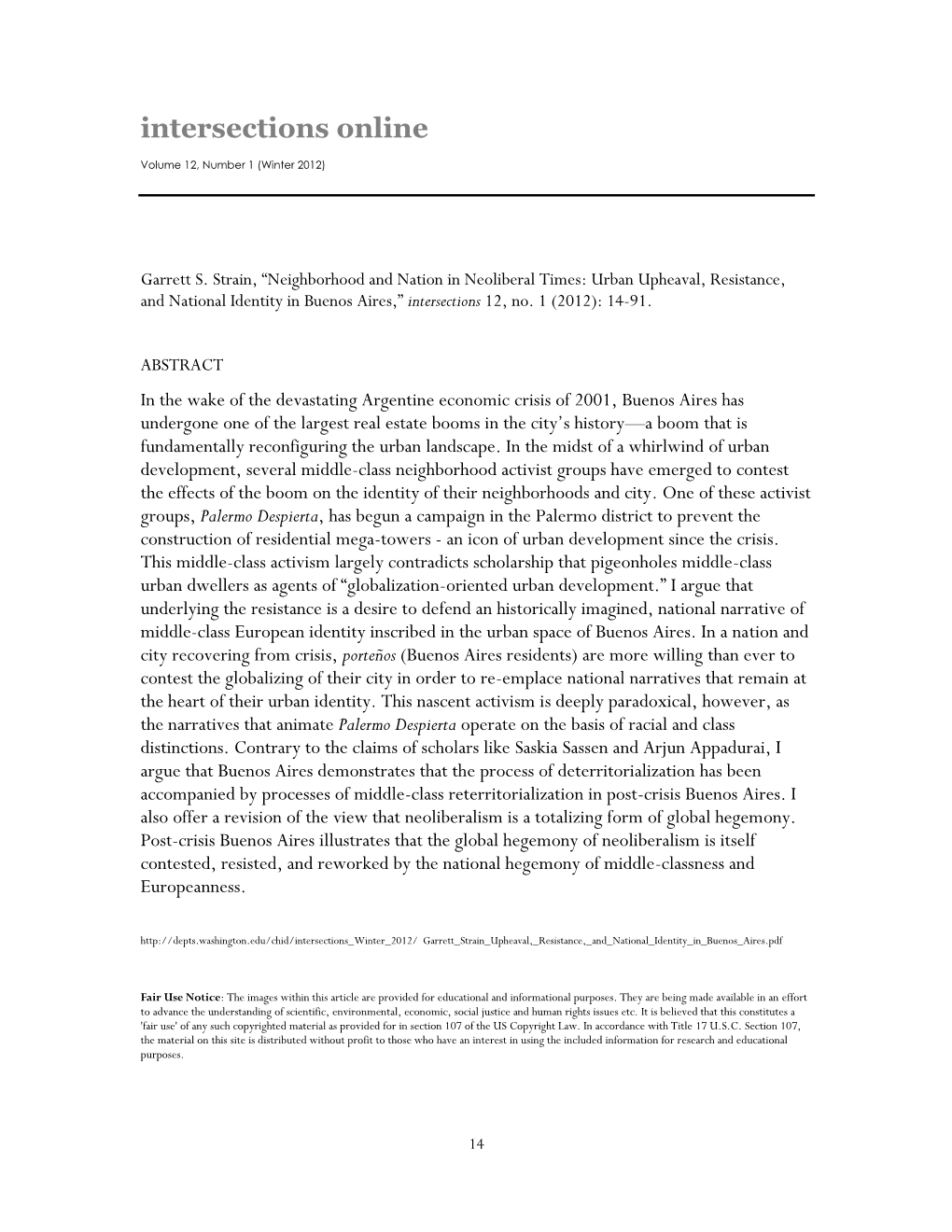 Urban Upheaval, Resistance, and National Identity in Buenos Aires,” Intersections 12, No