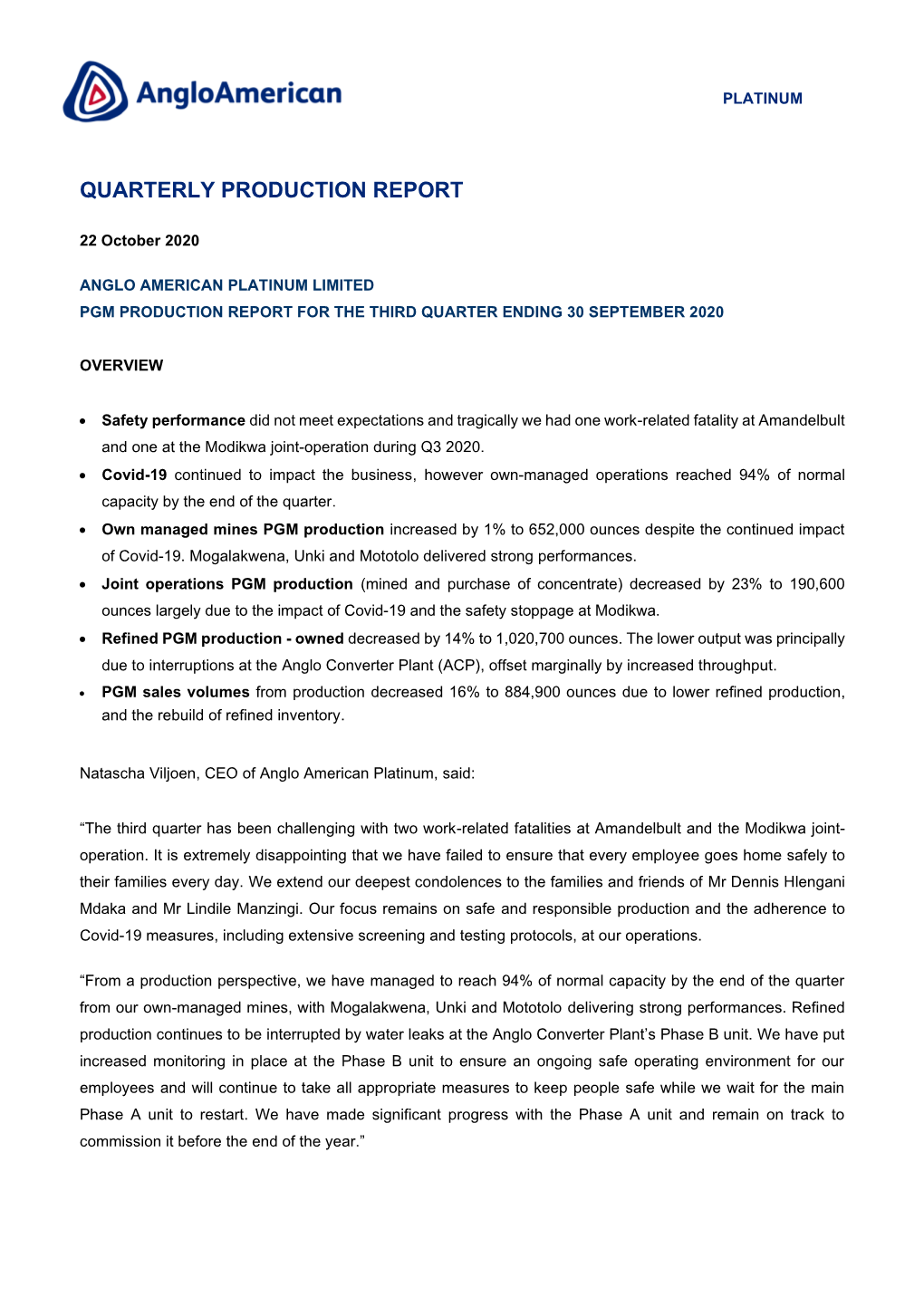 Anglo American Platinum Limited Pgm Production Report for the Third Quarter Ending 30 September 2020