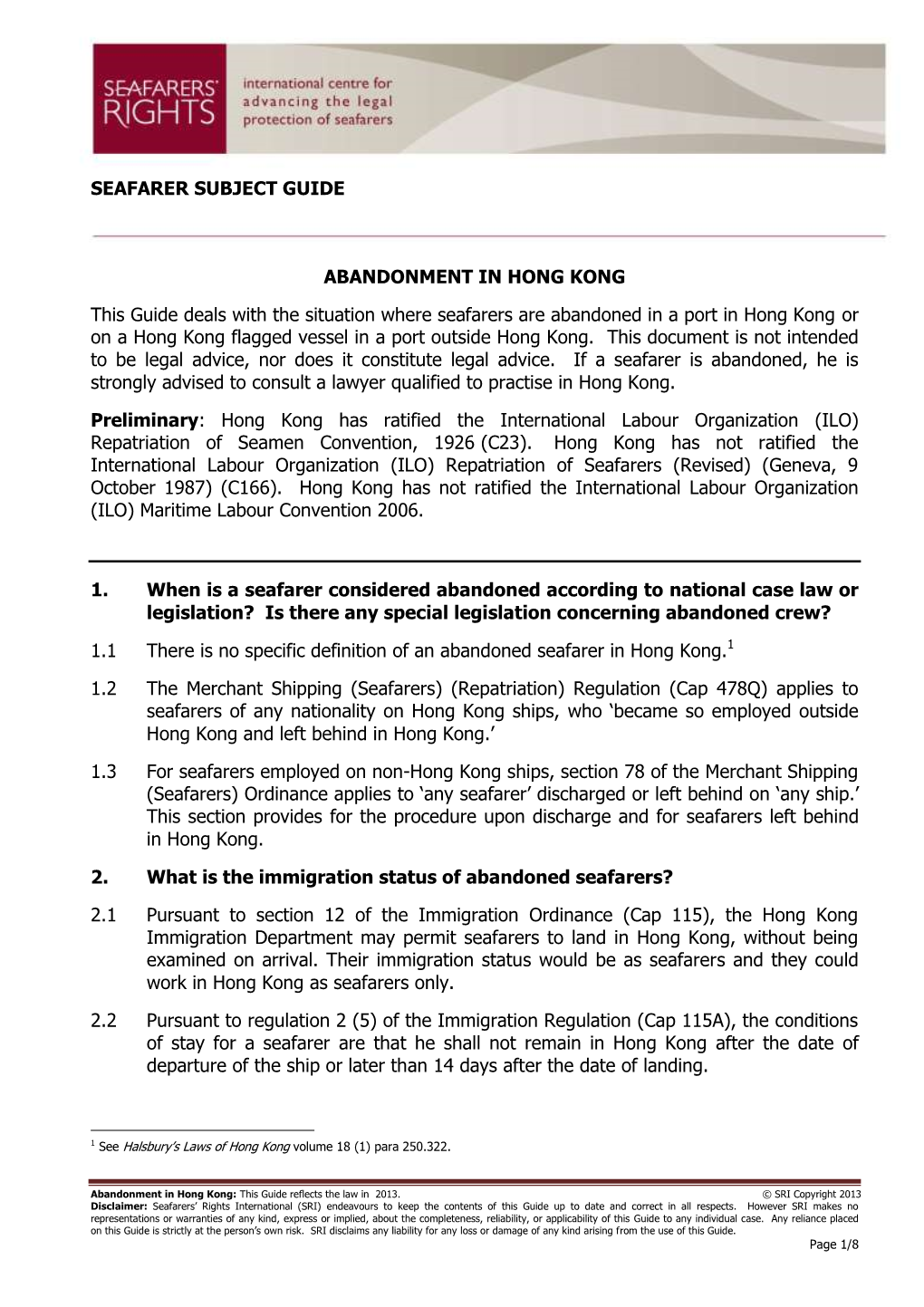 Seafarer Subject Guide Abandonment in Hong Kong