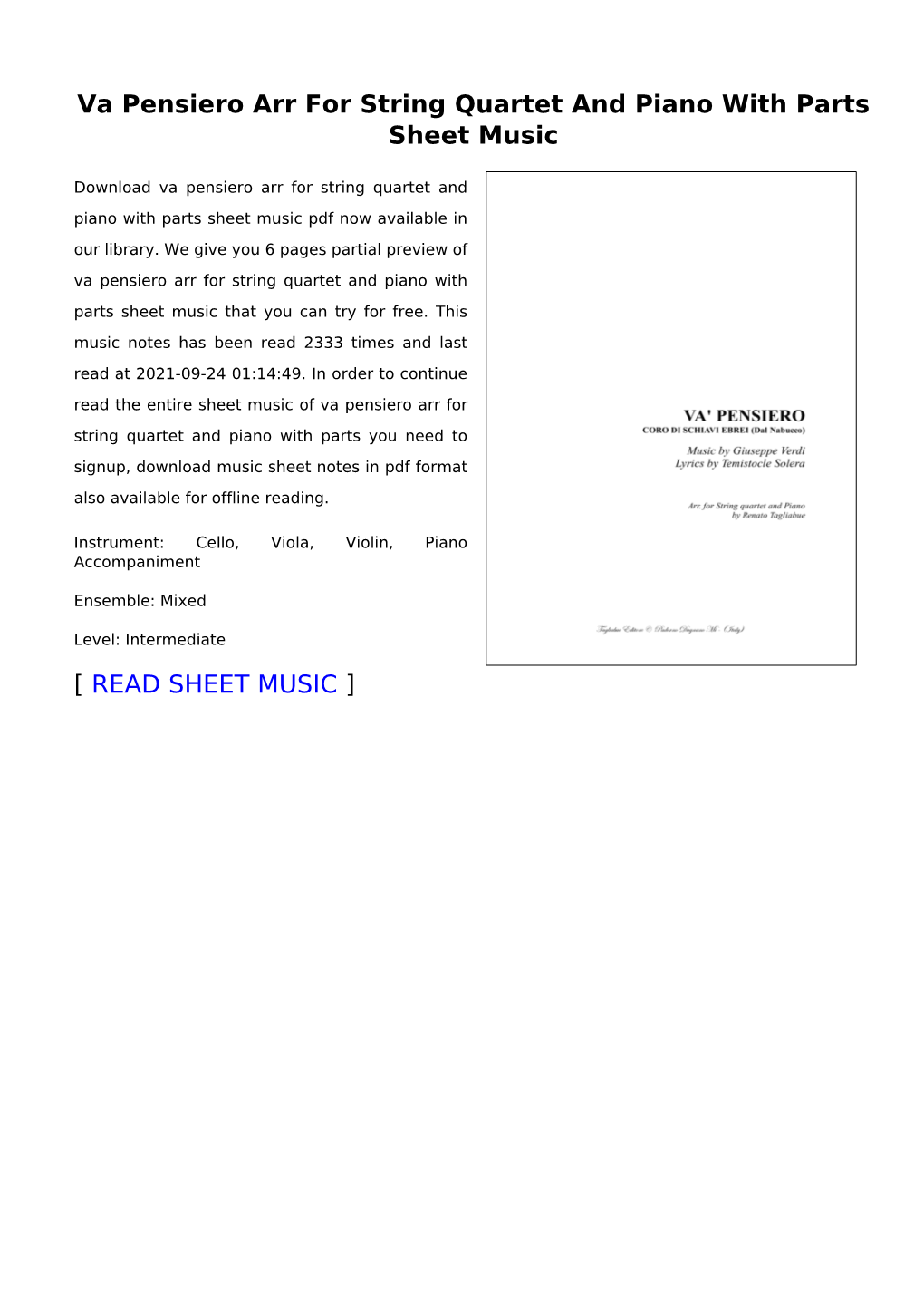 Va Pensiero Arr for String Quartet and Piano with Parts Sheet Music