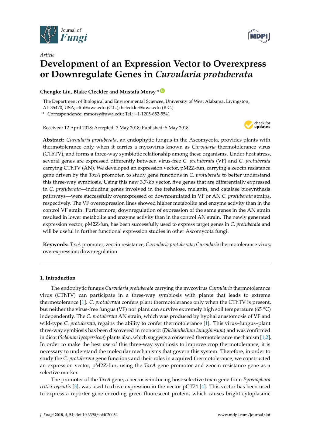 Development of an Expression Vector to Overexpress Or Downregulate Genes in Curvularia Protuberata