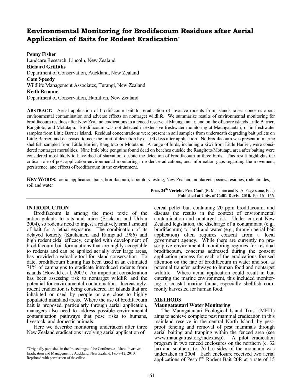 Environmental Monitoring for Brodifacoum Residues After Aerial Application of Baits for Rodent Eradication*