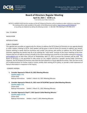 Board of Directors Regular Meeting April 22, 2021 │ 10:00 A.M