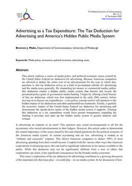 Advertising As a Tax Expenditure: the Tax Deduction for Advertising and America’S Hidden Public Media System