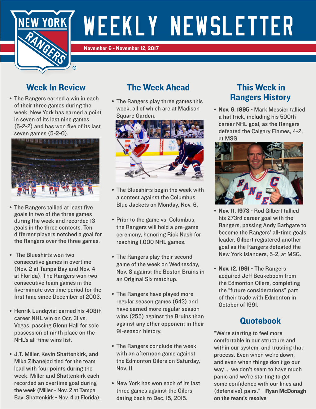 Week in Review the Week Ahead This Week in Rangers History