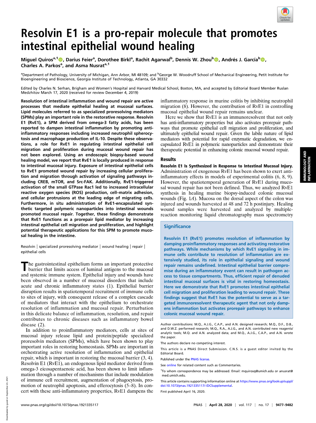 Resolvin E1 Is a Pro-Repair Molecule That Promotes Intestinal Epithelial Wound Healing