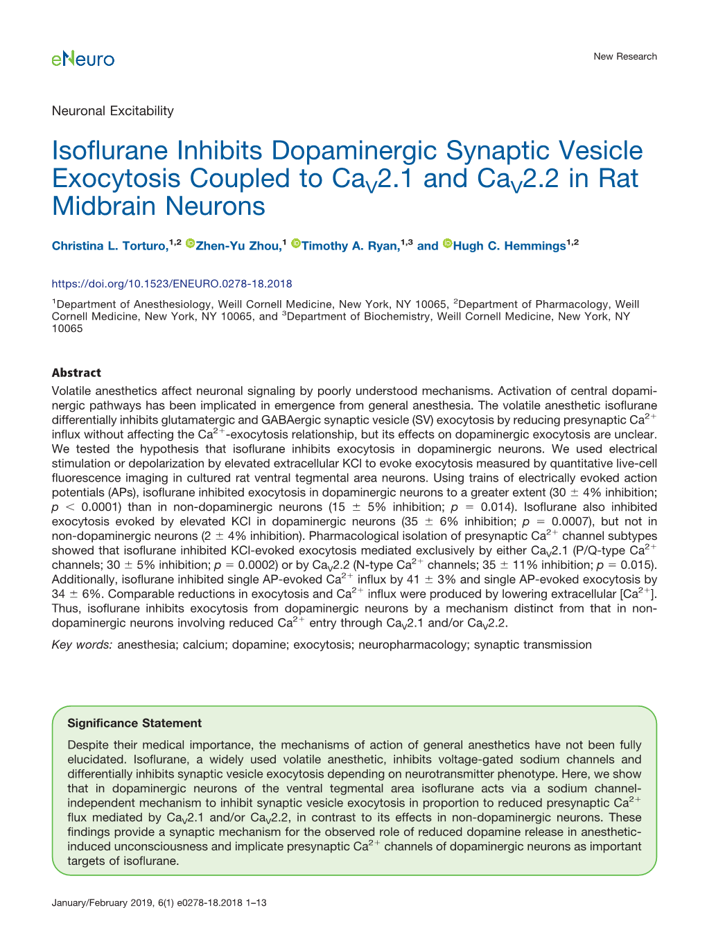 Isoflurane Inhibits Dopaminergic Synaptic Vesicle Exocytosis Coupled to Cav2.1 and Cav2.2 in Rat Midbrain Neurons