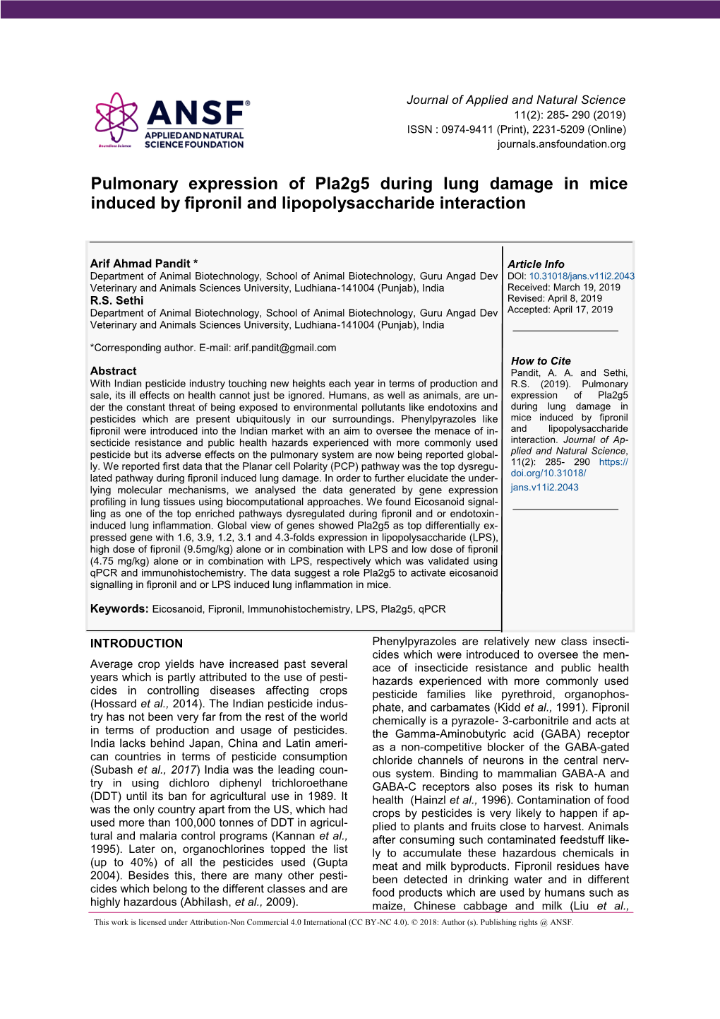 Pulmonary Expression of Pla2g5 During Lung Damage in Mice Induced by Fipronil and Lipopolysaccharide Interaction