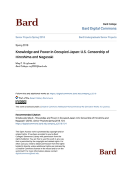 Knowledge and Power in Occupied Japan: U.S. Censorship of Hiroshima and Nagasaki