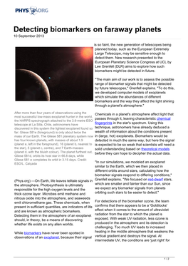 Detecting Biomarkers on Faraway Planets 10 September 2013
