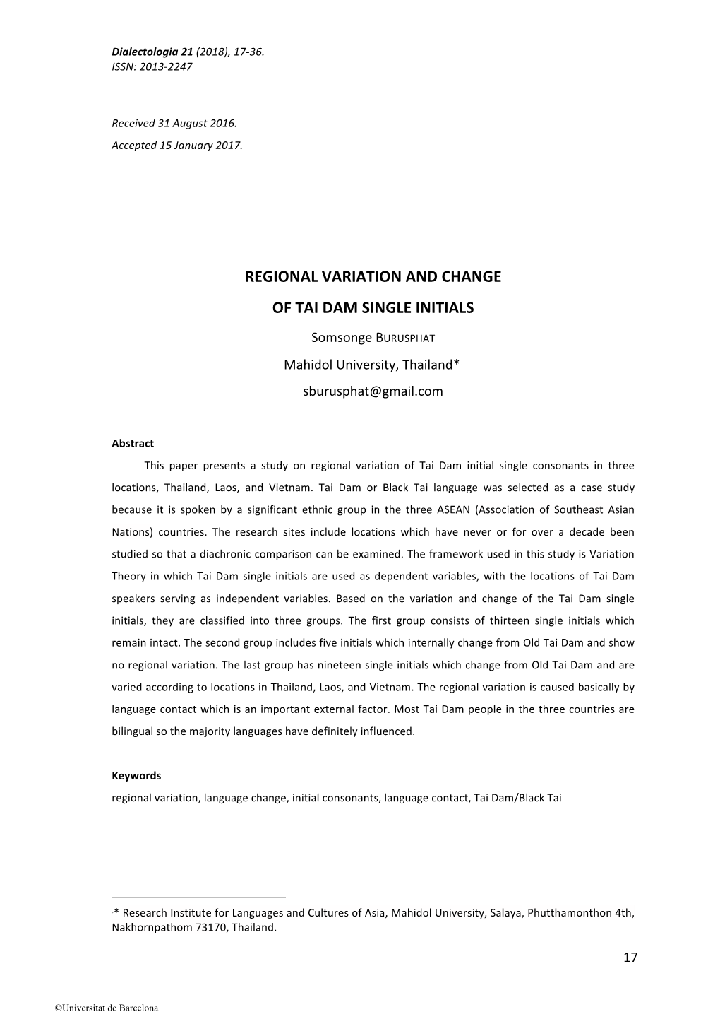 Regional Variation and Change of Tai Dam Single Initials