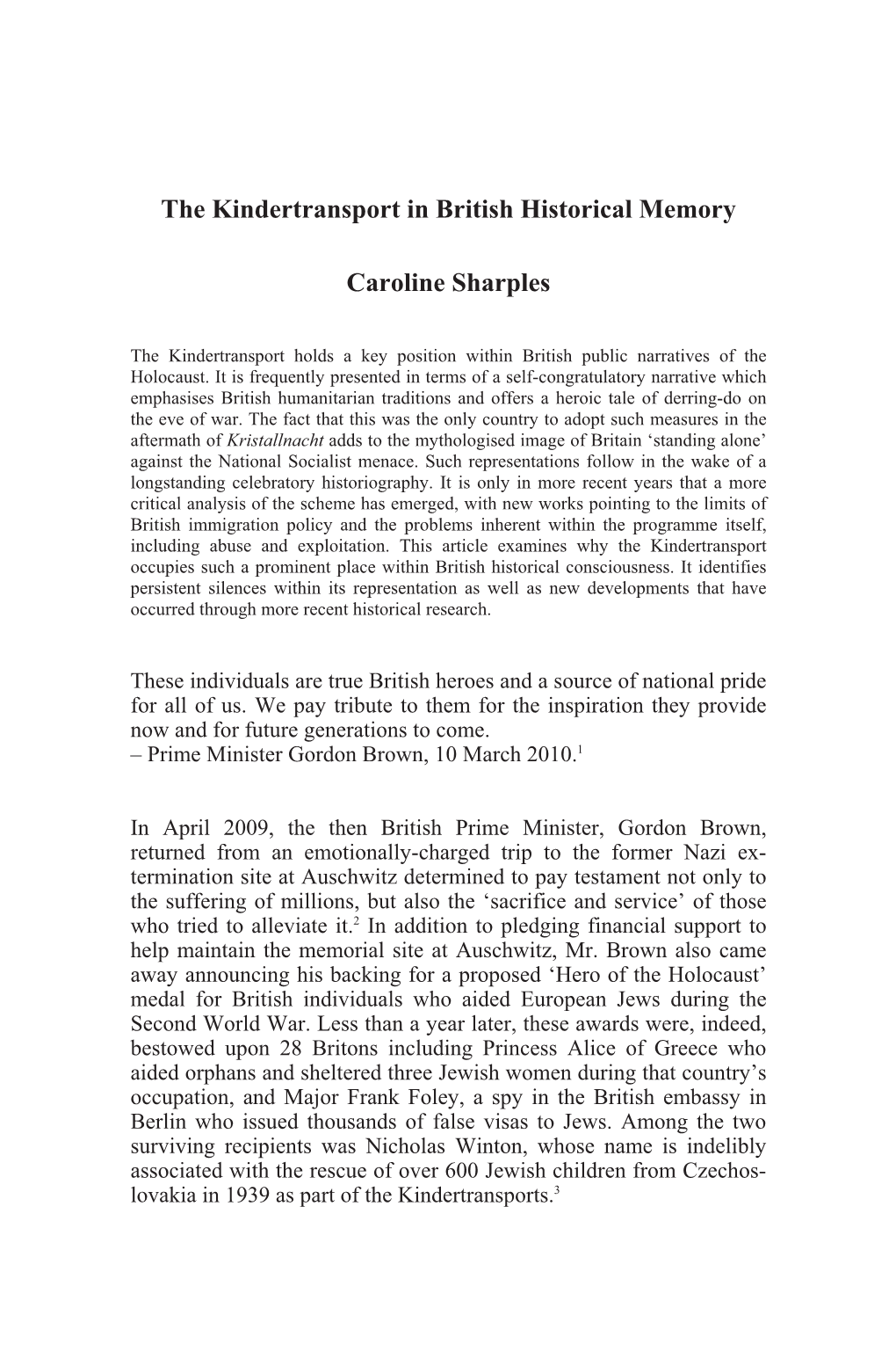 The Kindertransport in British Historical Memory Caroline Sharples