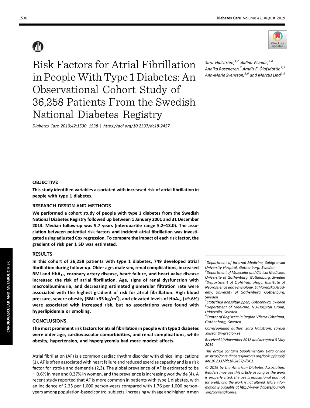 Risk Factors for Atrial Fibrillation in People with Type 1 Diabetes