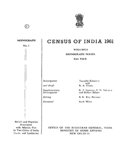 CENSUS of INDIA 1961 No.1 Voll ;ME-I MONOGRAPH SERIES Part VJI-B