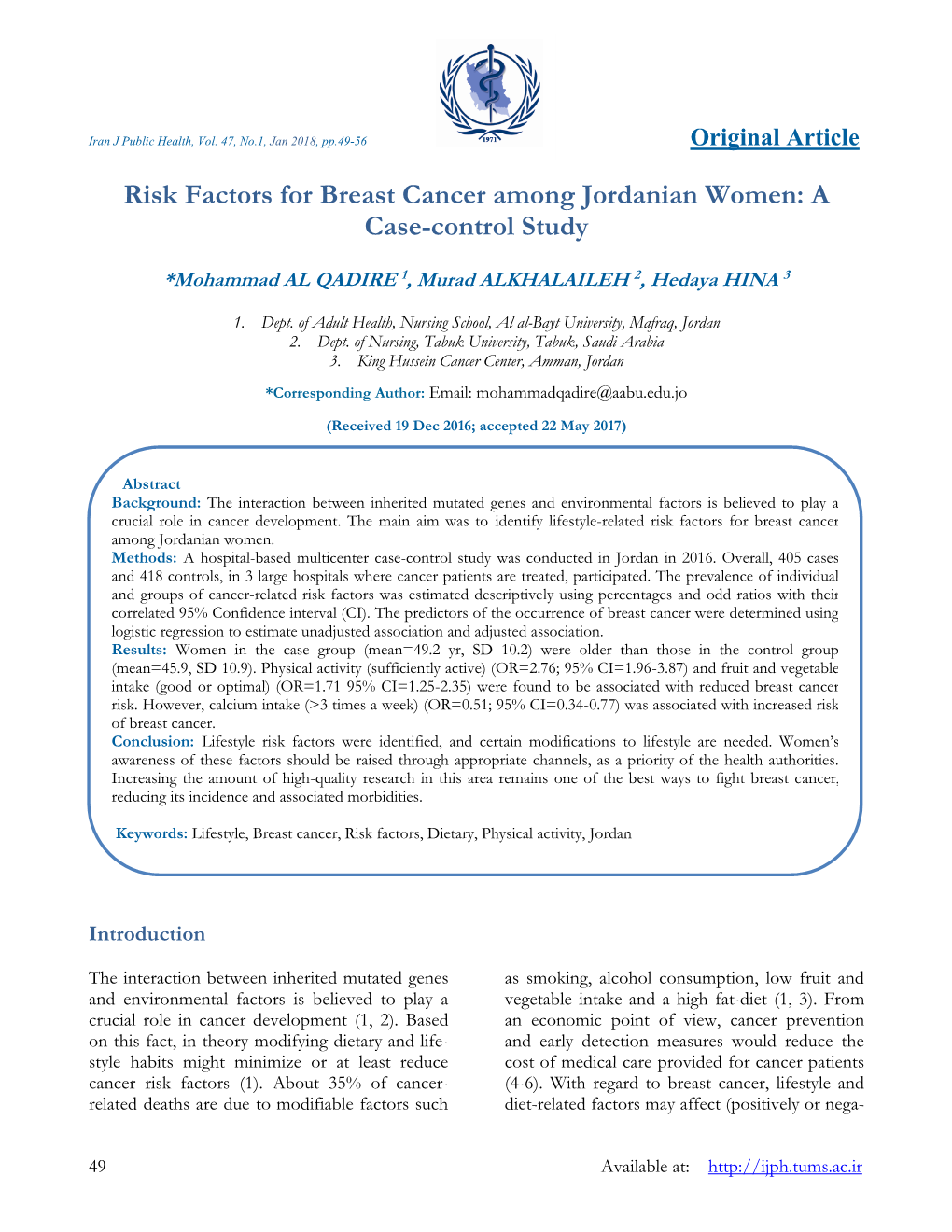 Risk Factors for Breast Cancer Among Jordanian Women: a Case-Control Study