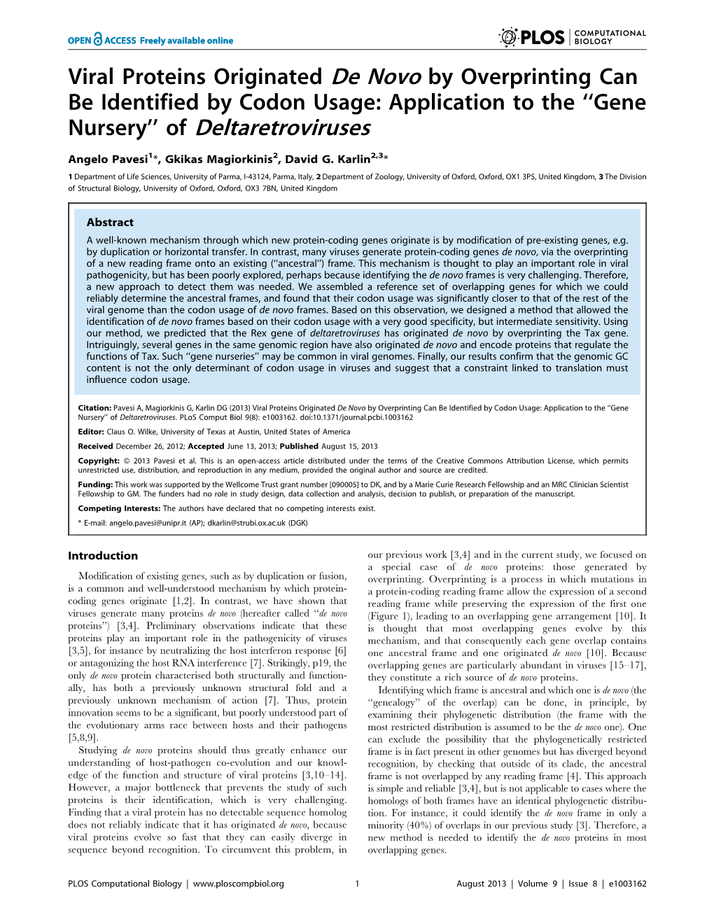 Viral Proteins Originated De Novo by Overprinting Can Be Identified by Codon Usage: Application to the ‘‘Gene Nursery’’ of Deltaretroviruses