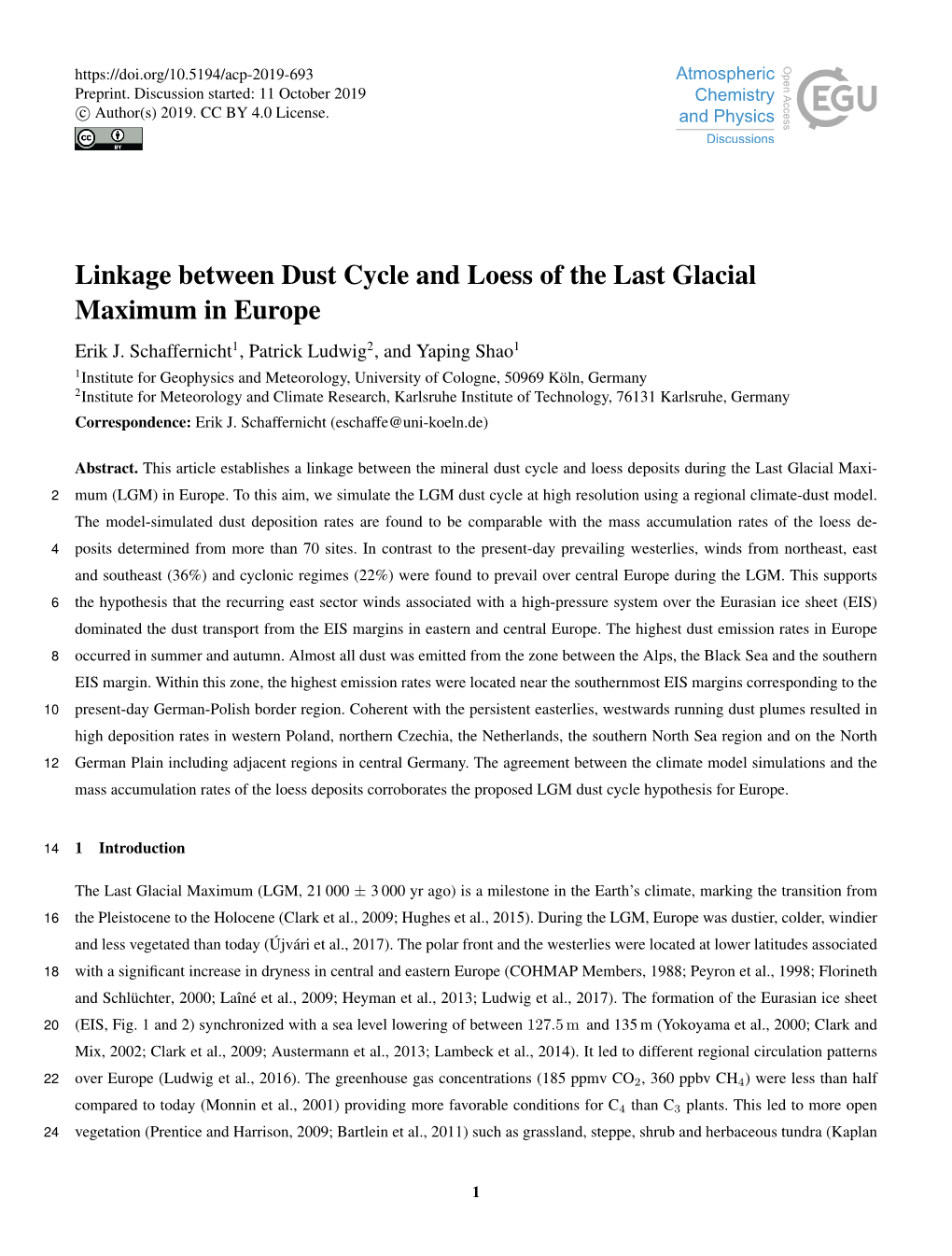 Linkage Between Dust Cycle and Loess of the Last Glacial Maximum in Europe Erik J