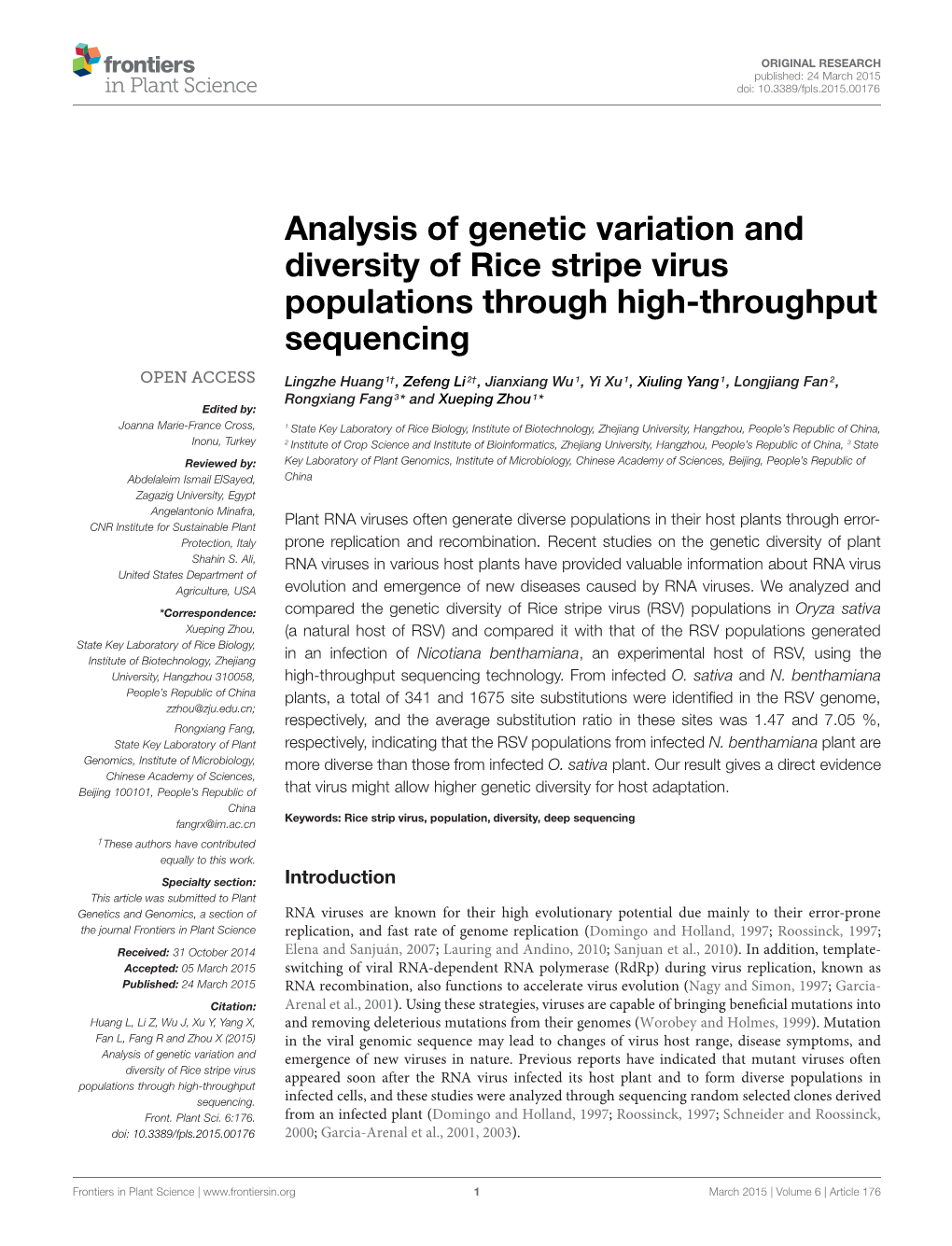 Analysis of Genetic Variation and Diversity of Rice Stripe Virus Populations Through High-Throughput Sequencing