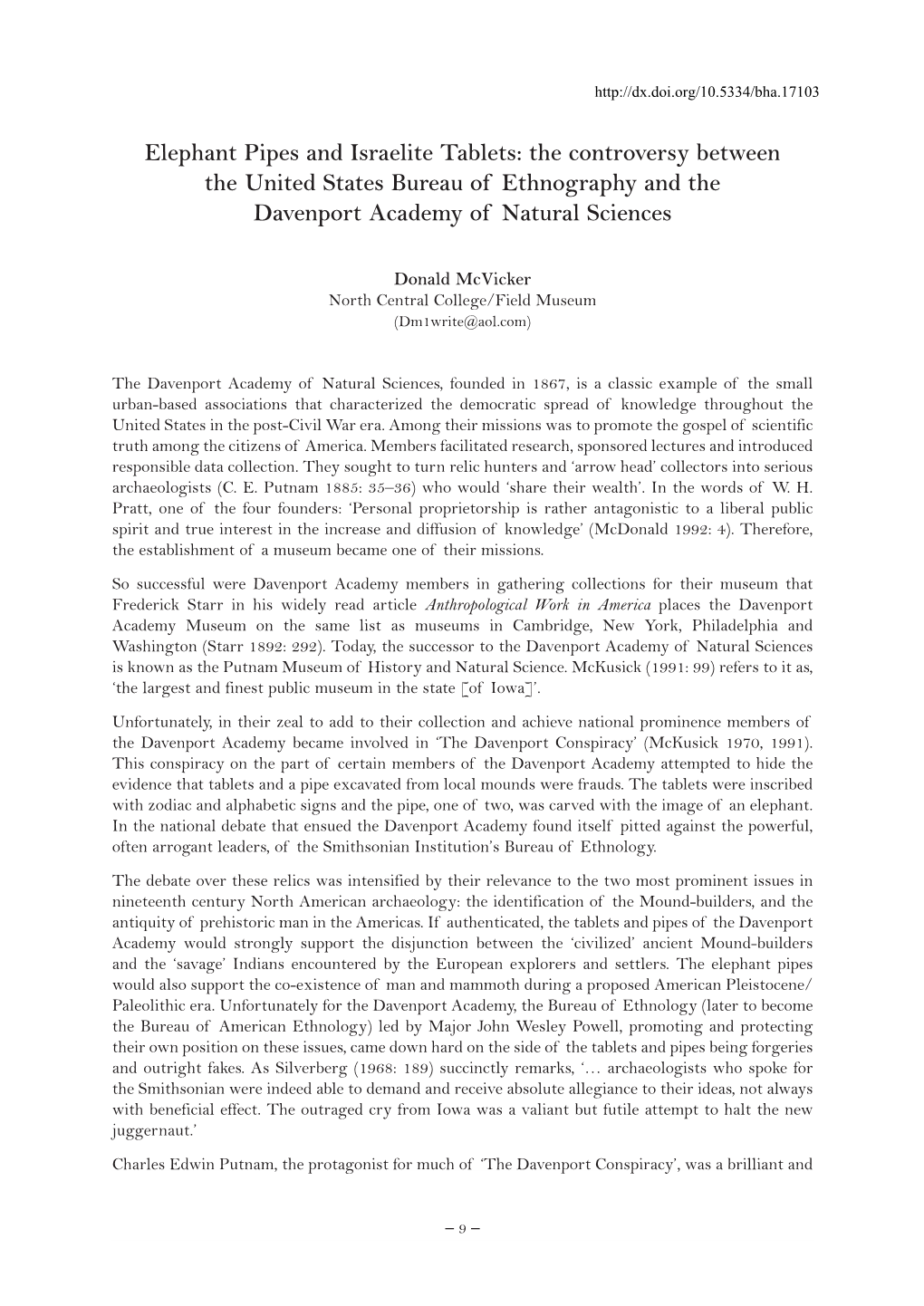 Elephant Pipes and Israelite Tablets: the Controversy Between the United States Bureau of Ethnography and the Davenport Academy of Natural Sciences