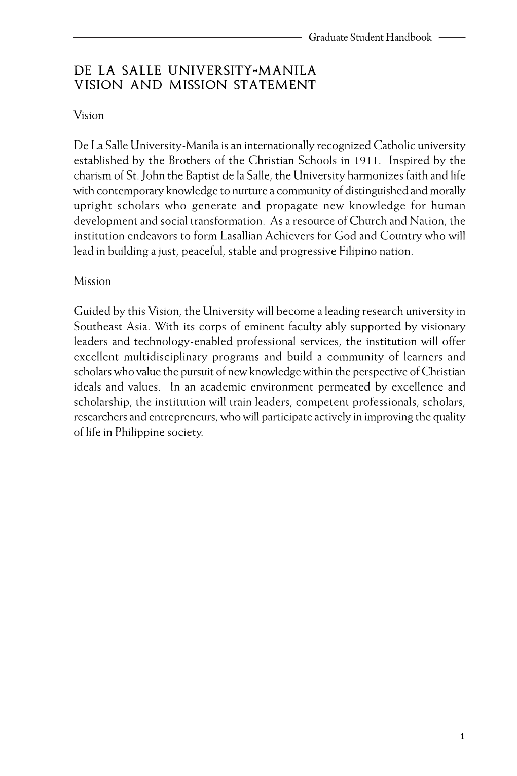 De La Salle University-Manila Vision and Mission Statement