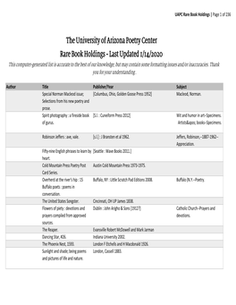 The University of Arizona Poetry Center Rare Book Holdings