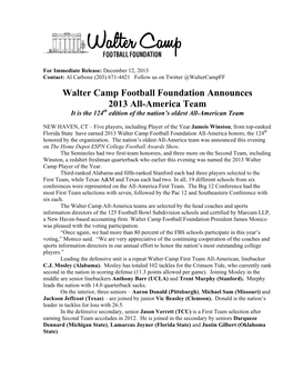 Walter Camp Football Foundation Announces 2013 All-America Team It Is the 124Th Edition of the Nation’S Oldest All-American Team