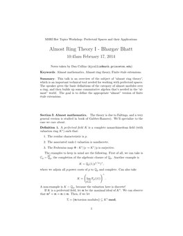 Almost Ring Theory I - Bhargav Bhatt 10:45Am February 17, 2014