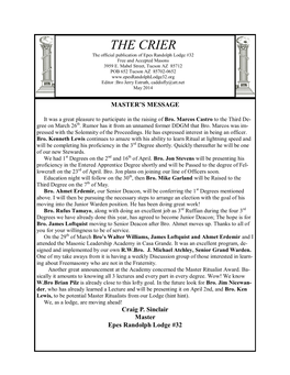 THE CRIER the Official Publication of Epes Randolph Lodge #32 Free and Accepted Masons 3959 E