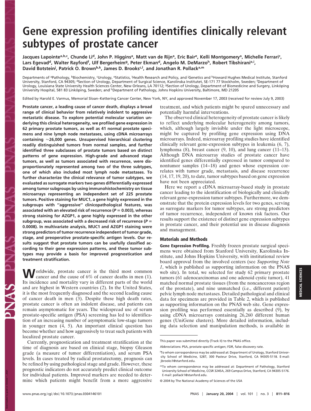 Gene Expression Profiling Identifies Clinically Relevant Subtypes of Prostate Cancer