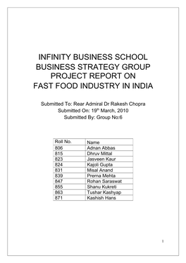 Infinity Business School Business Strategy Group Project Report on Fast Food Industry in India